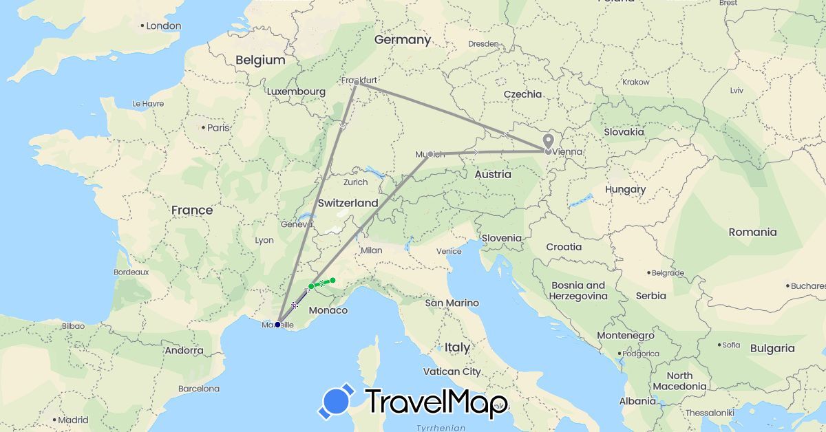 TravelMap itinerary: driving, bus, plane, train in Austria, Germany, France, Italy (Europe)